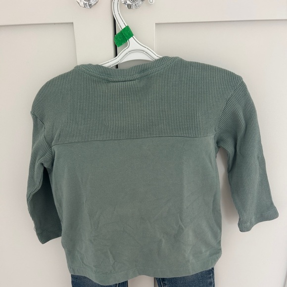 Green Ribbed Shirt and Oshkosh blue jeans - Picture 2 of 7